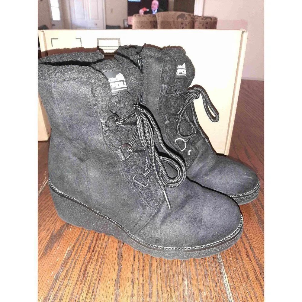 New Size 7 (38) Polar Black Faux Fur Lined Women's Wedge High Heel Boots Booties
